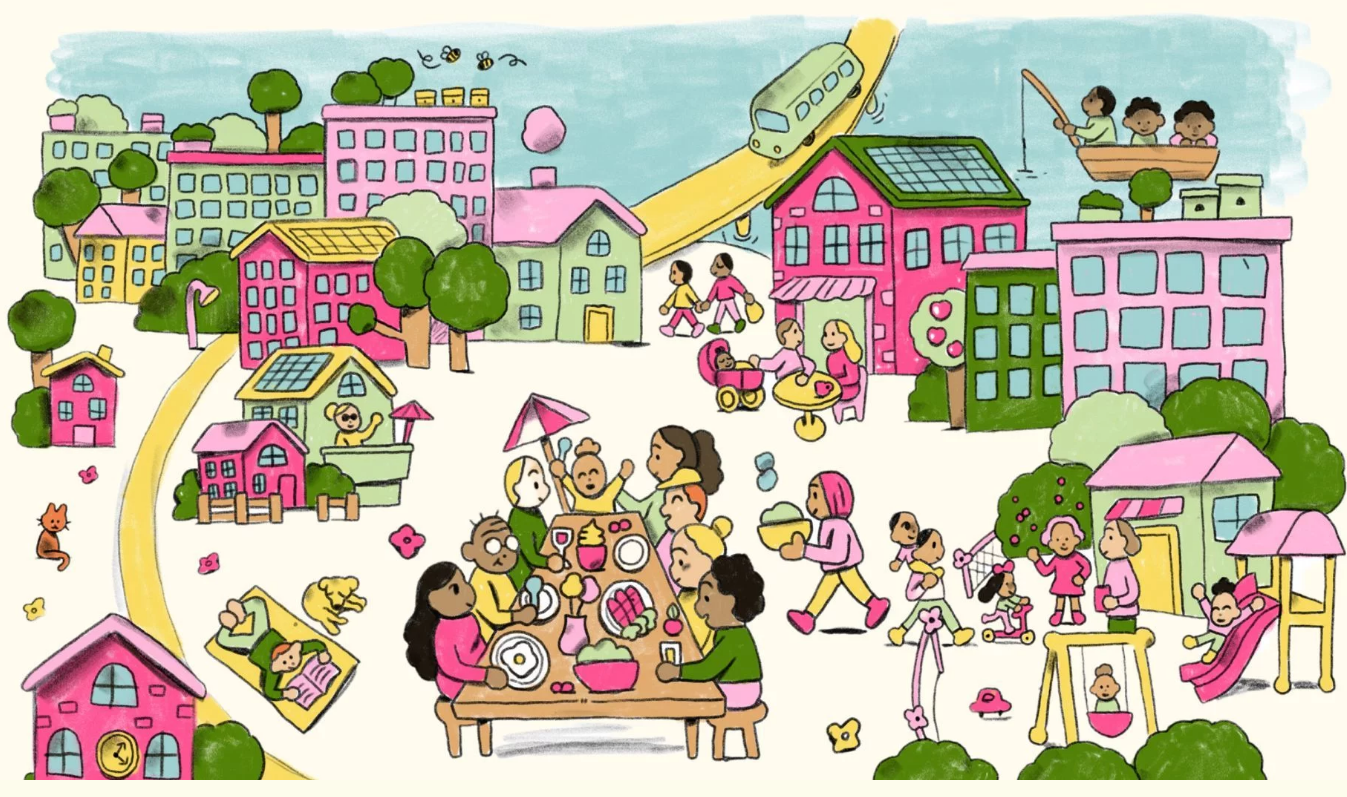 Barn og voksne er ute i sola og tilbringer tid sammen.